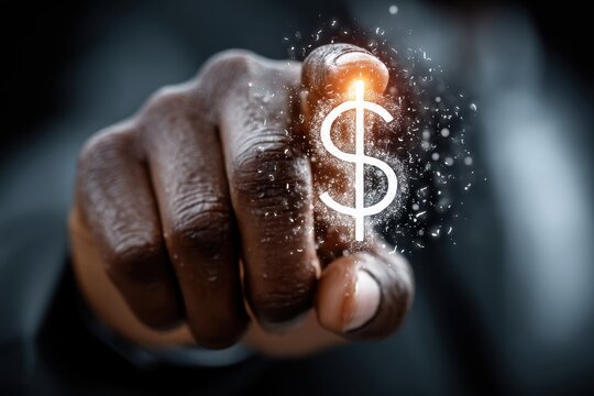 Businessman touching a dollar sign icon with finger, symbolizing finance, money, and opportunity
