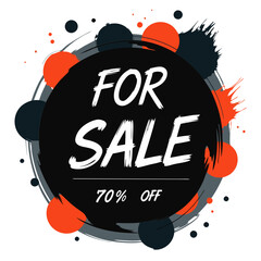 For Sale 70% off promotional banner with splatter brush strokes and grunge elements. Isolated transparent background ( include cut-out PNG file )