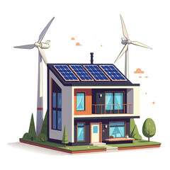 Modern house with solar panels and two wind turbines generating clean electric power. Isolated transparent background ( include cut-out PNG file )