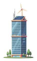 Skyscraper building with solar panels and wind turbine on roof eco friendly construction. Isolated transparent background ( include cut-out PNG file )