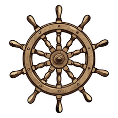 Vintage wooden ship's wheel with ten spokes nautical steering device drawing Isolated transparent background ( include cut-out PNG file )
