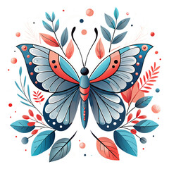 Abstract stylized butterfly centered surrounded by colorful leaves branches berries white background. Isolated transparent background ( include cut-out PNG file ).