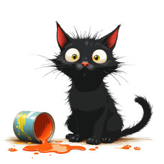 Quirky black cat spilled orange paint can cartoon character white background. Isolated transparent background ( include cut-out PNG file ).