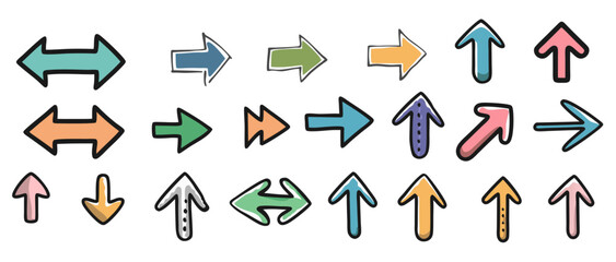 Large collection set colorful hand drawn doodle style arrows icons white background. Isolated transparent background ( include cut-out PNG file ).