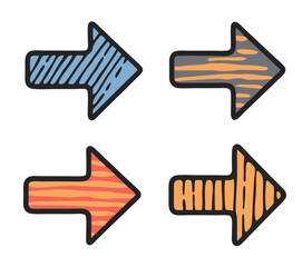 Set four quirky doodle arrows hand drawn style colored textures white background. Isolated transparent background ( include cut-out PNG file ).