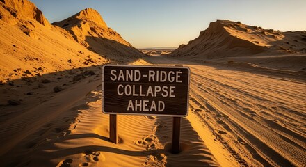 Desert Landscape And Alert: Warning Sign Indicates Imminent Sand Ridge Collapse Ahead