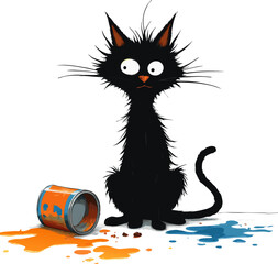 Lanky black cat next to tipped paint can spilled blue orange paint. Isolated transparent background ( include cut-out PNG file ).