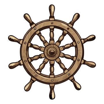 Vintage wooden ship's wheel with ten spokes nautical steering device drawing Isolated transparent background ( include cut-out PNG file )