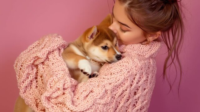 Young caucasian woman holding a cute puppy against a pink background, showing affection for the pet in a studio setting footage.