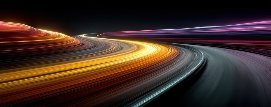 Colorful light trails curve through a dark night, creating a dynamic abstract background