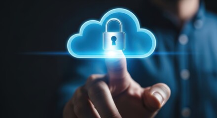 Secure Cloud Technology: Man Touches Illuminated Cloud Icon with Padlock on Touchscreen