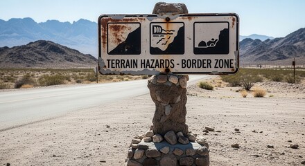 Desert Warning Sign Illustrating Terrain Hazards Along Border Zone With Mountains