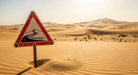 Desert Warning Sign: Navigate Difficult Terrains, Sand Dunes Under Bright Sunlight