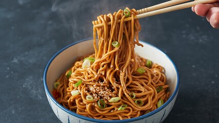 Spicy Sesame Noodles Close-Up Overhead with Chopsticks and Garnish
