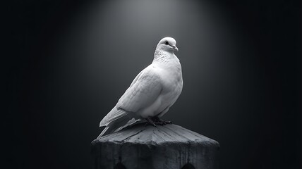 White Dove on Dark Background with Dramatic Spotlight and Minimalist Elegance