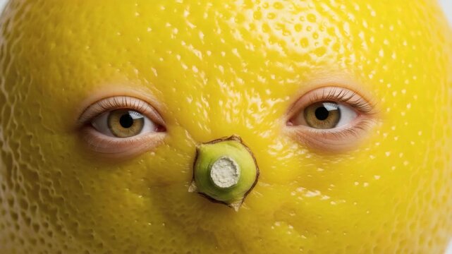 Lemon character with expressive eyes in a bright studio close-up. Fun concept for kids&rsquo; videos, creative food advertising, healthy lifestyle campaigns and playful fruit storytelling.
