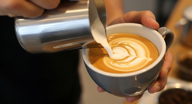 Expert barista skillfully crafts intricate latte art in a coffee cup, pouring steamed milk for a beautiful beverage presentation
