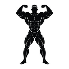 Silhouette of a muscular bodybuilder flexing biceps and back muscles