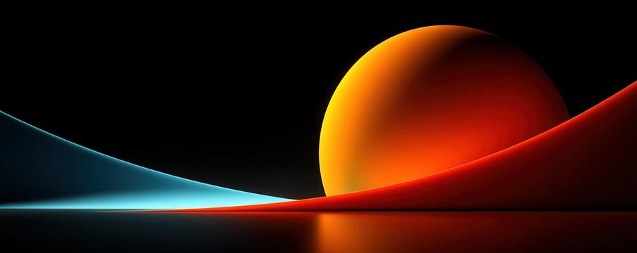 Abstract glowing orb landscape with two colored arcs and a radiant sunrise sphere - Powered by Adobe