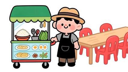 Cute Cartoon Illustration of a Street Food Seller