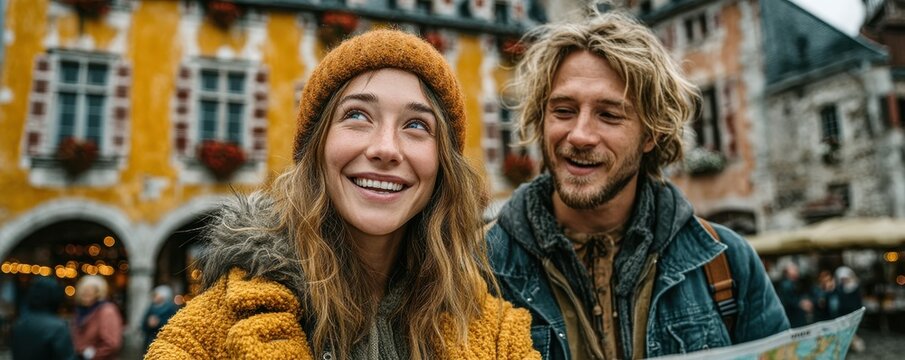 Happy couple looking at a map in a colorful European square during travel