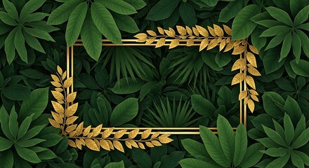 Elegant Golden Frame with Lush Tropical Green Leaves - Perfect Botanical Nature Background