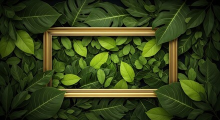 Lush green foliage surrounds an elegant golden frame, capturing the essence of organic beauty and natural tranquility