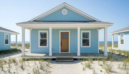 Light Blue Beach Cottage House on Sand Dunes near Ocean