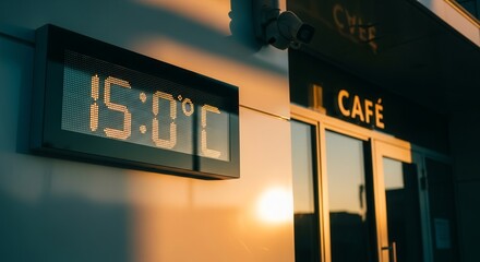 Digital Display Showing Temperature Outside a Cafe Building During Golden Hour