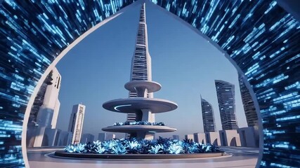Futuristic architectural design with vibrant blue lights creates a modern, elegant, and captivating architectural showcase in the city skyline