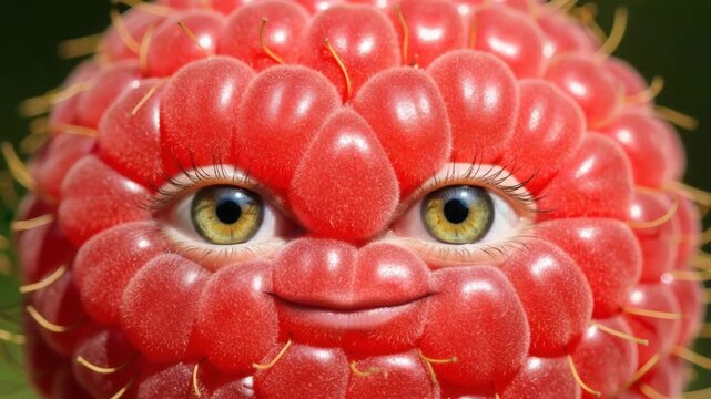 Smiling raspberry character close-up with playful expression against green background