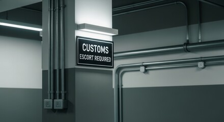 Customs Sign Requiring Escort In Industrial Interior Design Setting Details