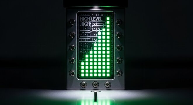 Digital Technology Device Displaying Progress, Illuminated With Glowing Green LED Lights
