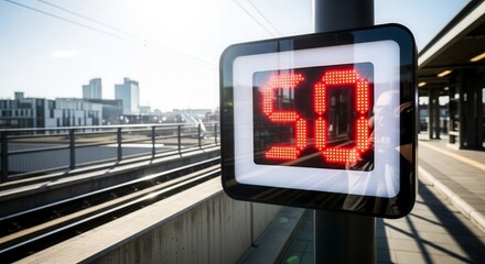 Digitally Displayed Number Fifty Illuminated On Sign At Train Station In Daylight