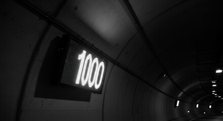 Digitally Illuminated Signage Displaying The Numerical Value Of 1000 In A Dark Tunnel