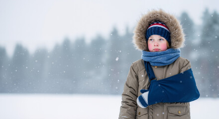 Fototapeta premium Young boy with arm in sling standing in snowy landscape 
