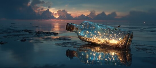 A glowing bottle on a beach at sunset, with magical lights inside