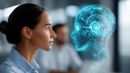 Businesswoman facing futuristic digital AI hologram, symbolizing artificial intelligence collaboration and technology innovation. Modern office environment highlights human machine interaction - Powered by Adobe