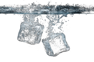 Two ice cubes splashing into dark water, creating bubbles and ripples