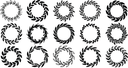 Black laurel wreath clipart set with sixteen different circular leaf patterns for design and decoration use