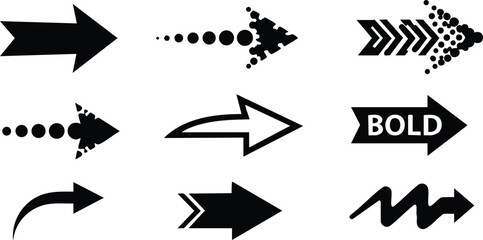 Set of black arrow icons with different shapes and dotted patterns for design and navigation purposes