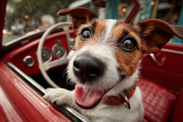 Jack russell terrier dog enjoying a drive with head out of a red convertible