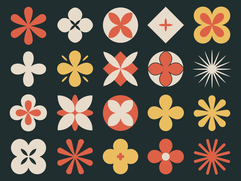 This vibrant image displays a collection of colorful abstract floral patterns, showcasing a delightful mix of shapes and colors against a dark backdrop.