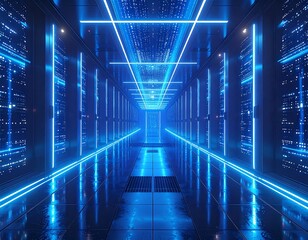 Futuristic server room with glowing blue neon lights