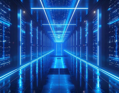 Futuristic server room with glowing blue neon lights
