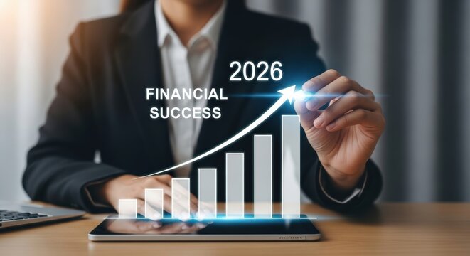 Businesswoman projecting financial growth for 2026 with a digital graph