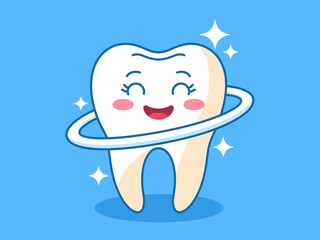 The image portrays a cheerful cartoon tooth character surrounded by a sparkling halo, symbolizing dental health, care, and the importance of maintaining healthy teeth.