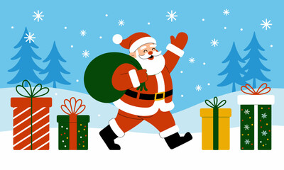 A cheerful illustration of Santa Claus walking with a bag of gifts, capturing the joy and spirit of the Christmas season, perfect for festive decorations or greeting cards.
