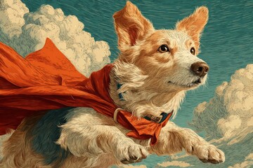 Cute corgi dog character wearing a cape and soaring above clouds like a superhero