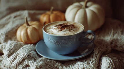 A delightful pumpkin spice latte sits in an elegant blue cup, accompanied by small pumpkins. Soft textures of a knit blanket add warmth to the cozy autumn atmosphere